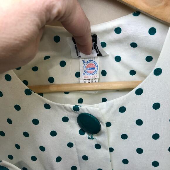 REO Originals Vintage 80s Preppy Short Sleeve Pleated Green Polka Dot Dress 12 - Picture 5 of 14